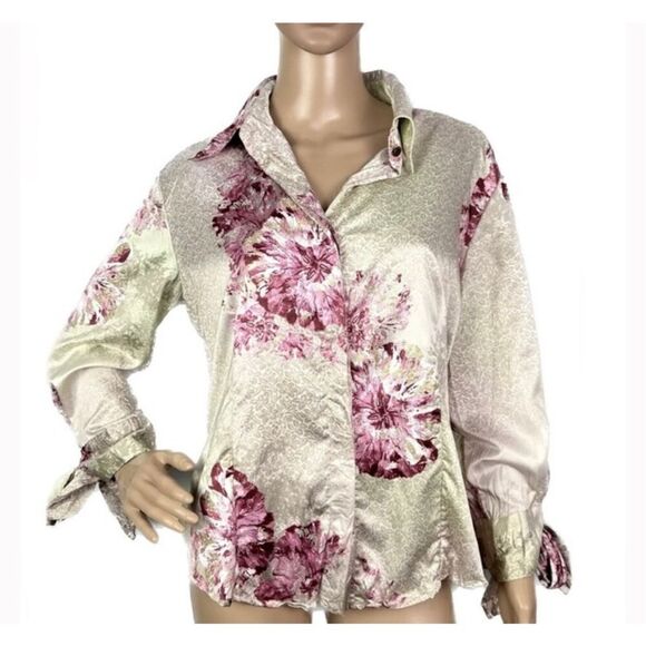 Just Cavalli Pink Green Floral Printed Satin Button Down Shirt Blouse Size 42 - Picture 2 of 11